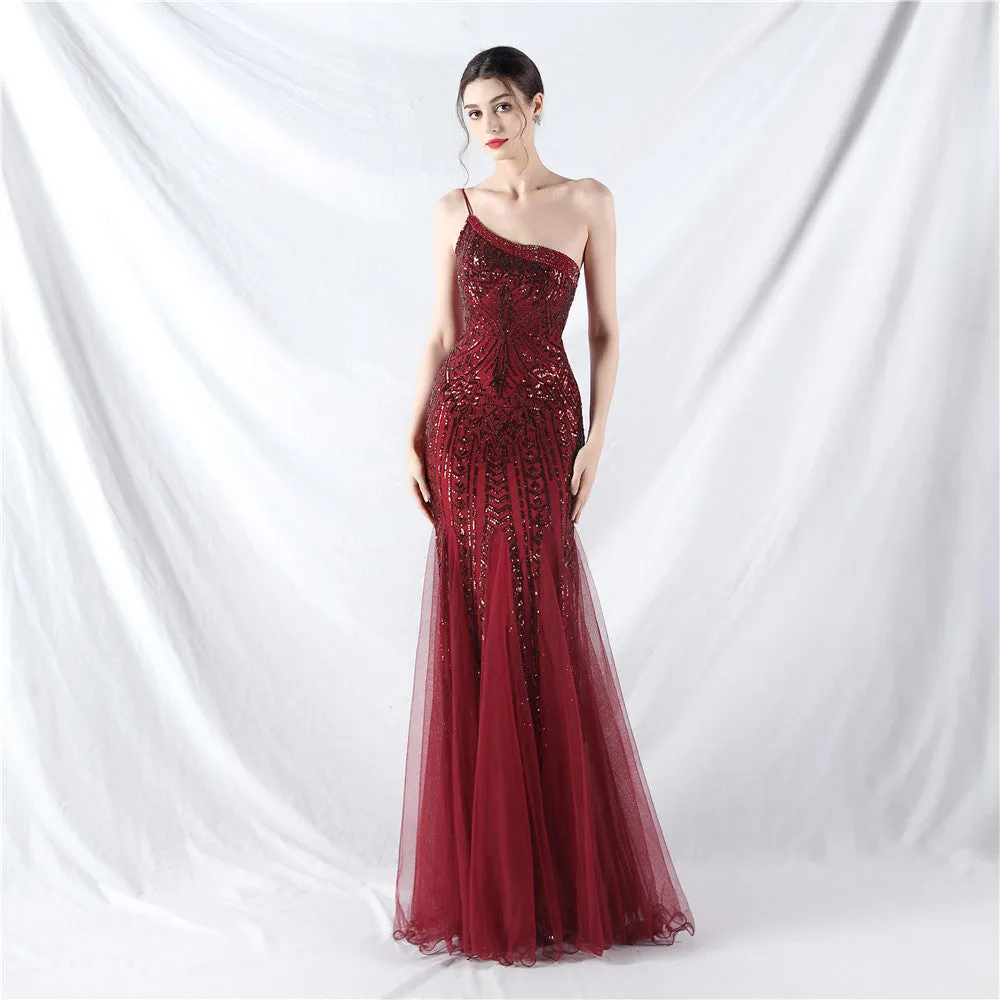 Glamorous One-Shoulder Sequin Embellished Tulle Evening Gown