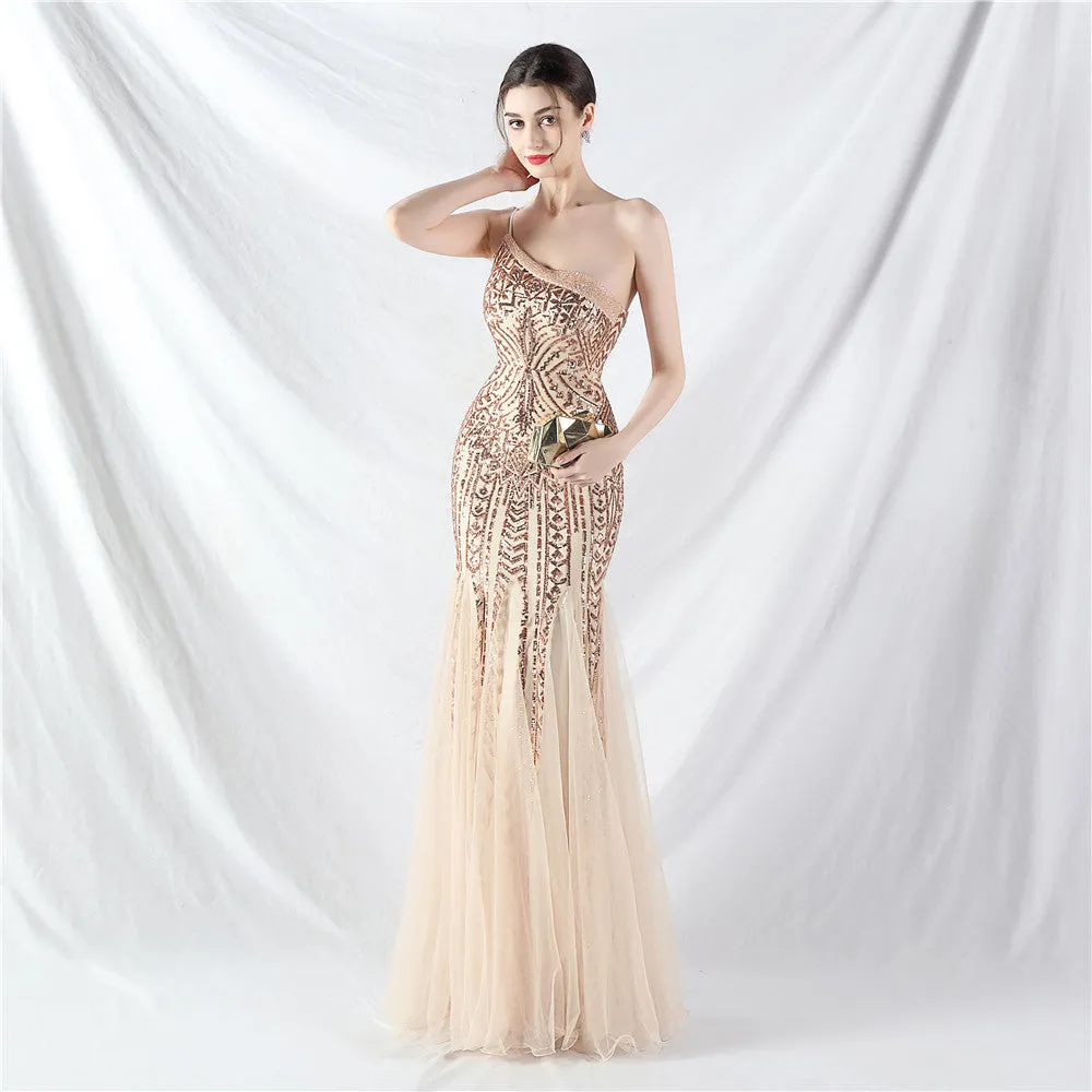 Glamorous One-Shoulder Sequin Embellished Tulle Evening Gown