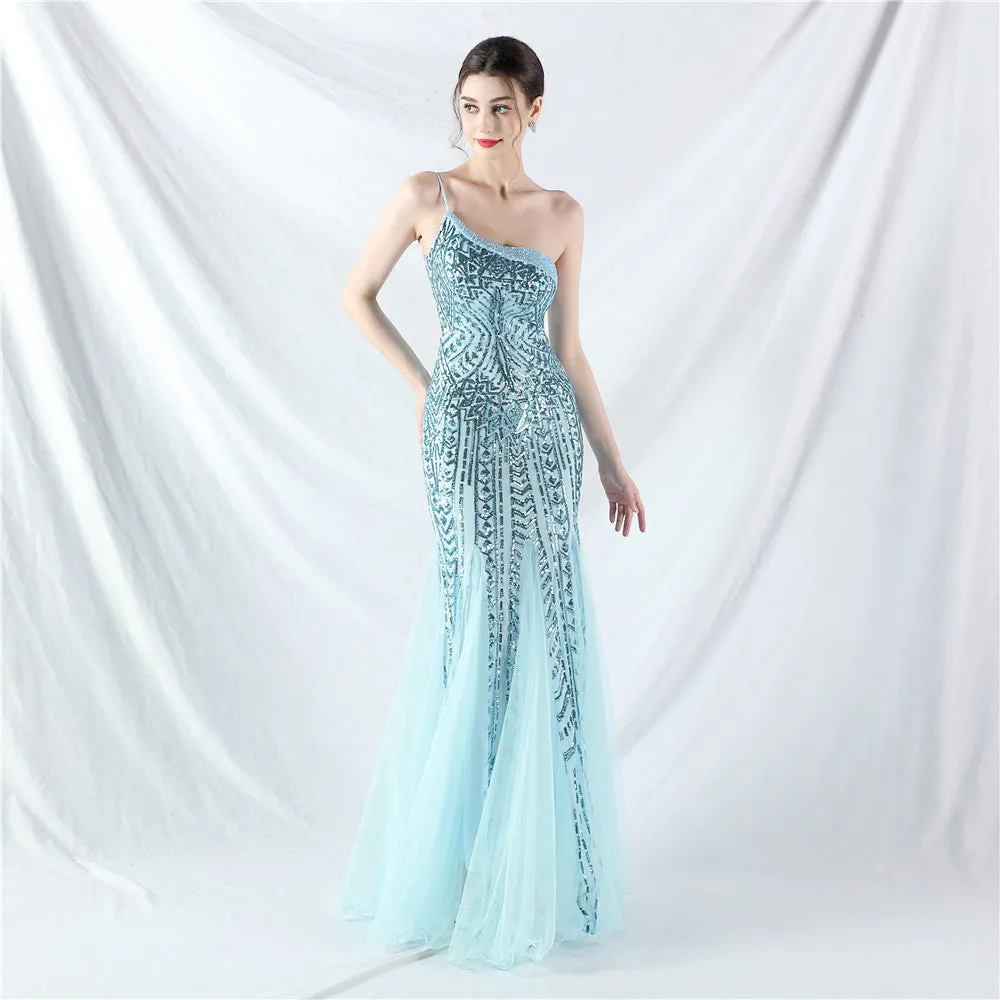 Glamorous One-Shoulder Sequin Embellished Tulle Evening Gown