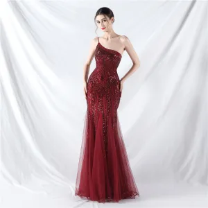 Glamorous One-Shoulder Sequin Embellished Tulle Evening Gown