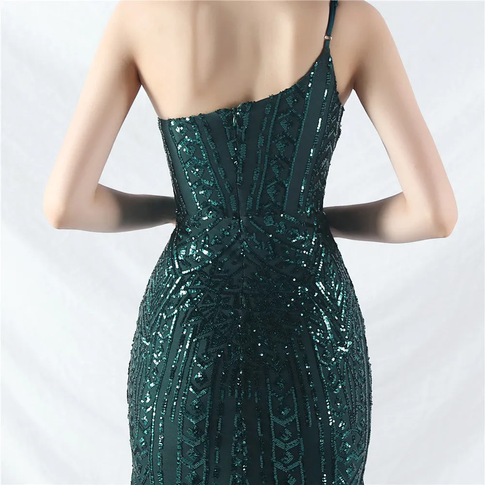Glamorous One-Shoulder Sequin Embellished Tulle Evening Gown
