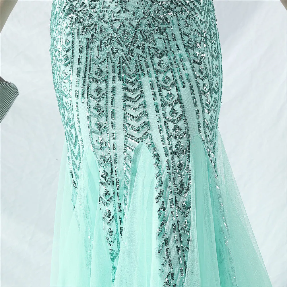 Glamorous One-Shoulder Sequin Embellished Tulle Evening Gown