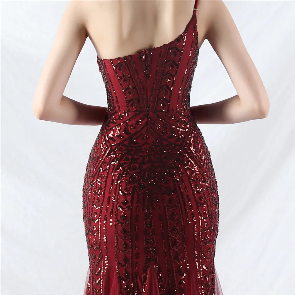 Glamorous One-Shoulder Sequin Embellished Tulle Evening Gown