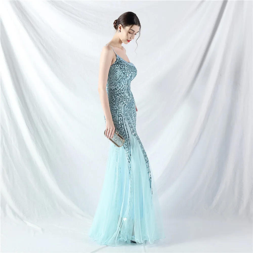 Glamorous One-Shoulder Sequin Embellished Tulle Evening Gown