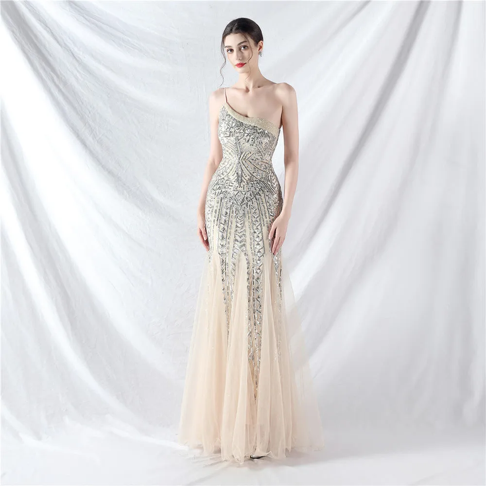 Glamorous One-Shoulder Sequin Embellished Tulle Evening Gown