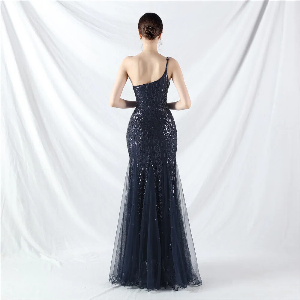 Glamorous One-Shoulder Sequin Embellished Tulle Evening Gown