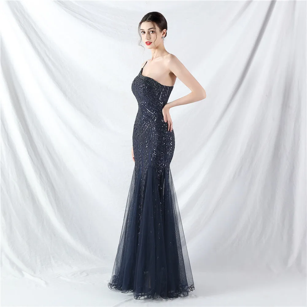 Glamorous One-Shoulder Sequin Embellished Tulle Evening Gown