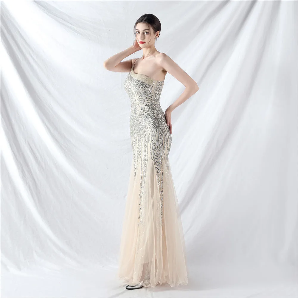 Glamorous One-Shoulder Sequin Embellished Tulle Evening Gown
