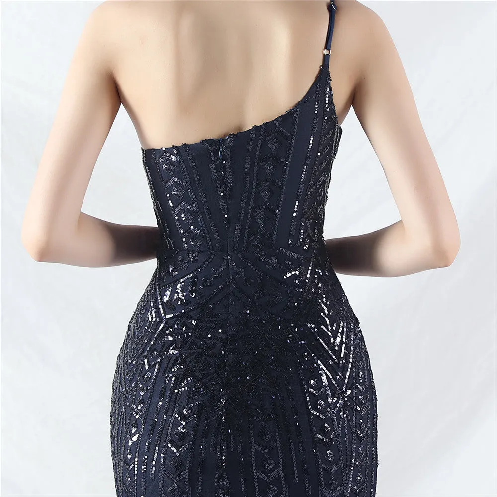 Glamorous One-Shoulder Sequin Embellished Tulle Evening Gown
