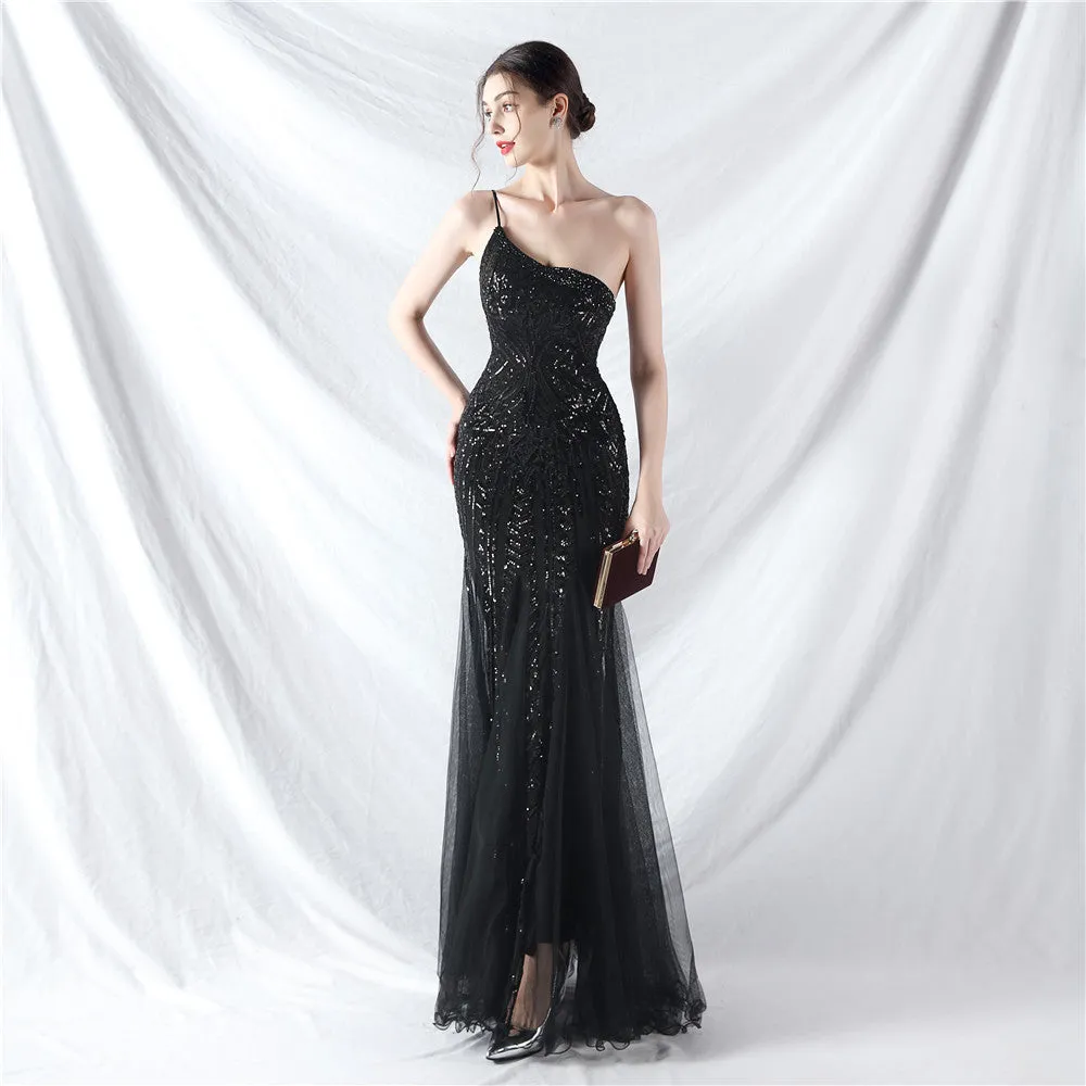 Glamorous One-Shoulder Sequin Embellished Tulle Evening Gown