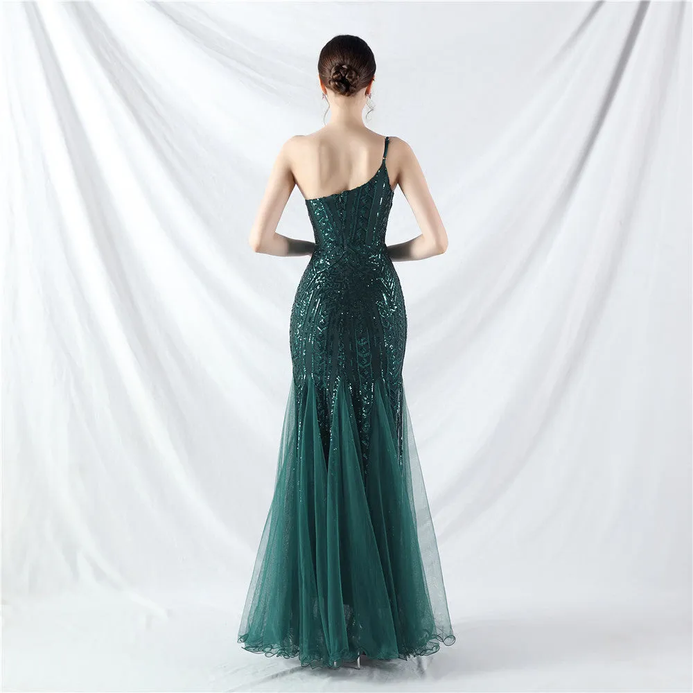 Glamorous One-Shoulder Sequin Embellished Tulle Evening Gown