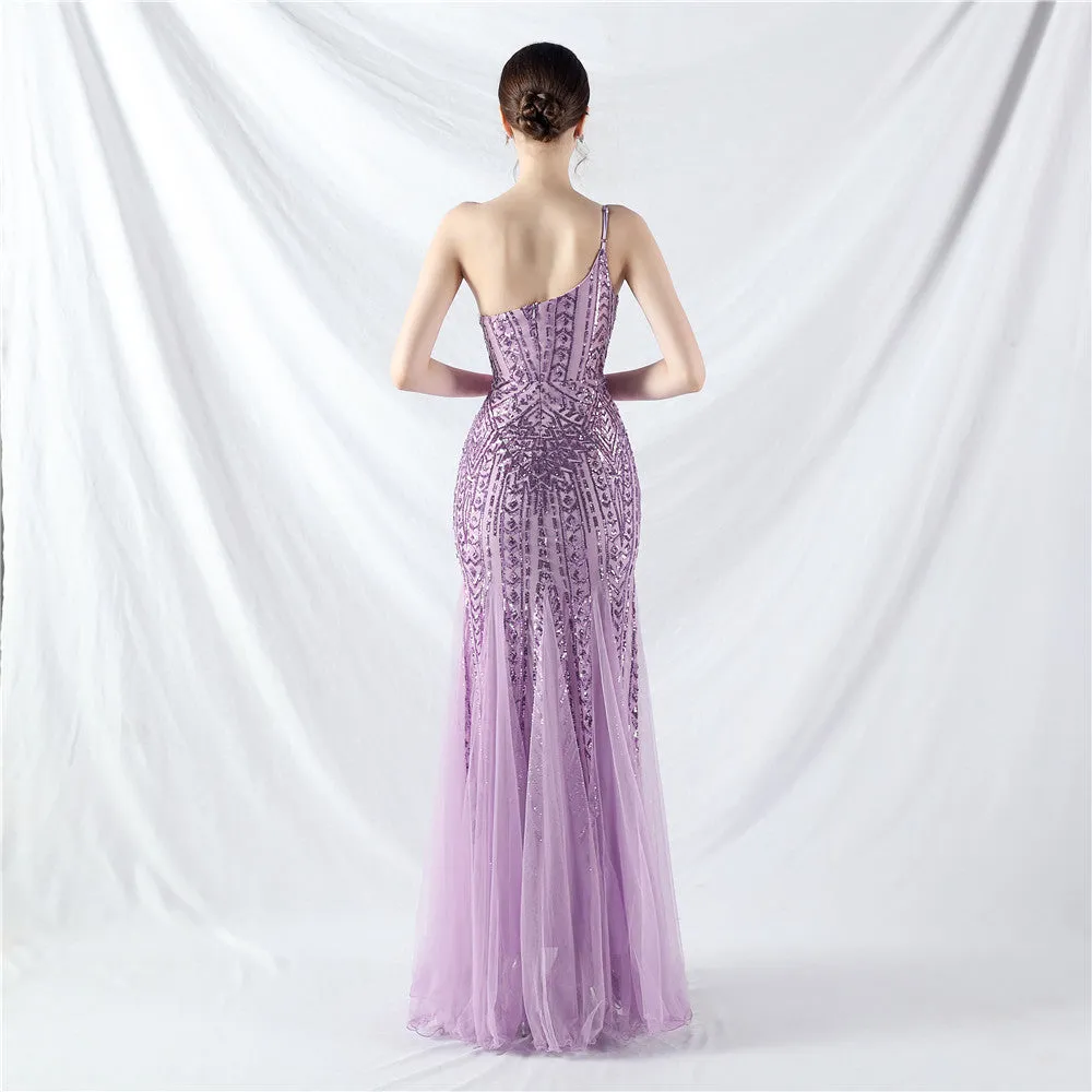 Glamorous One-Shoulder Sequin Embellished Tulle Evening Gown