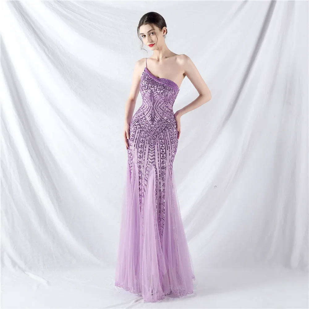 Glamorous One-Shoulder Sequin Embellished Tulle Evening Gown