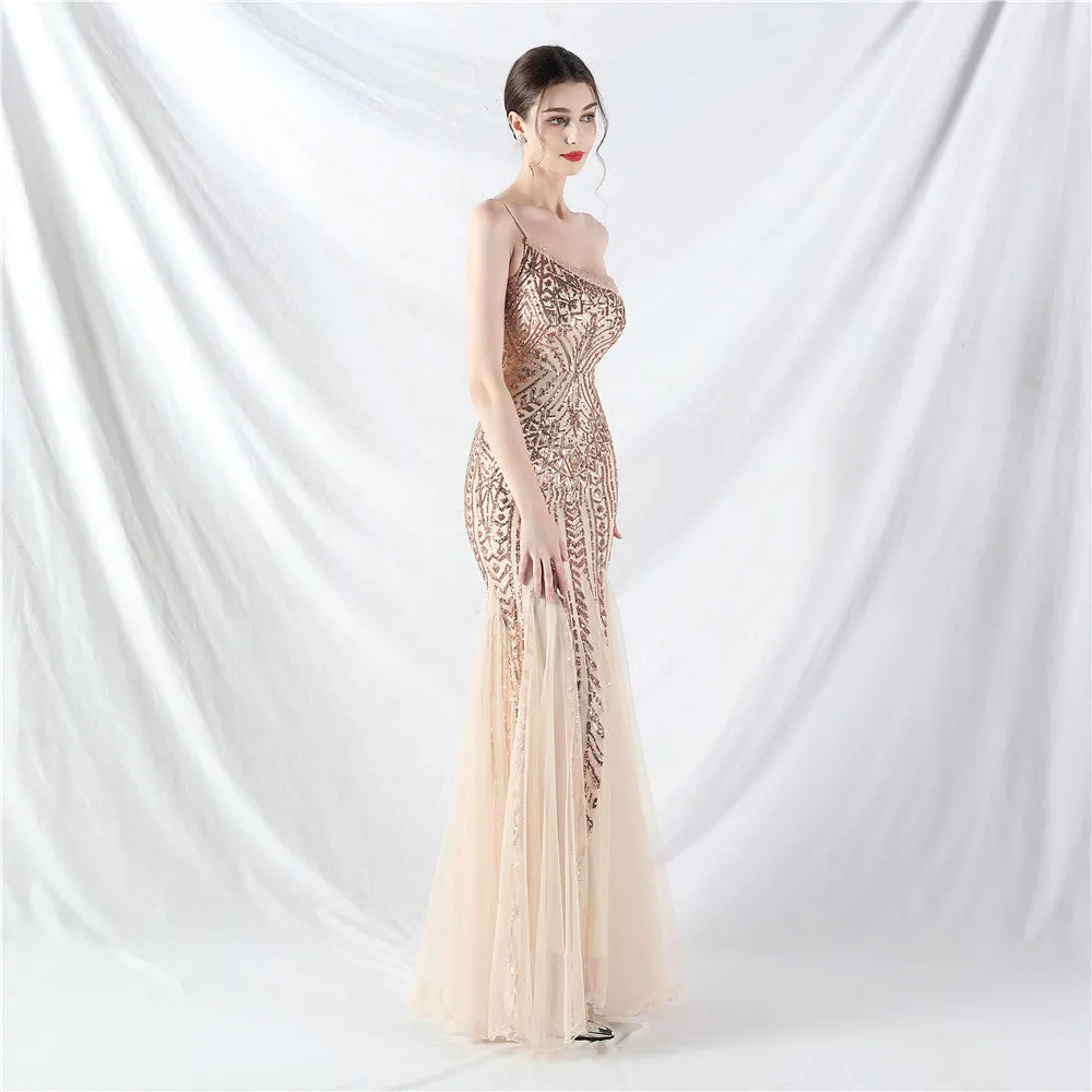 Glamorous One-Shoulder Sequin Embellished Tulle Evening Gown