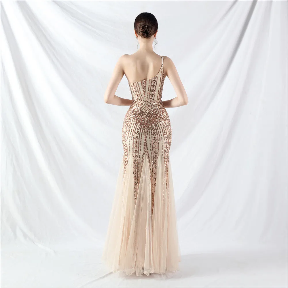 Glamorous One-Shoulder Sequin Embellished Tulle Evening Gown