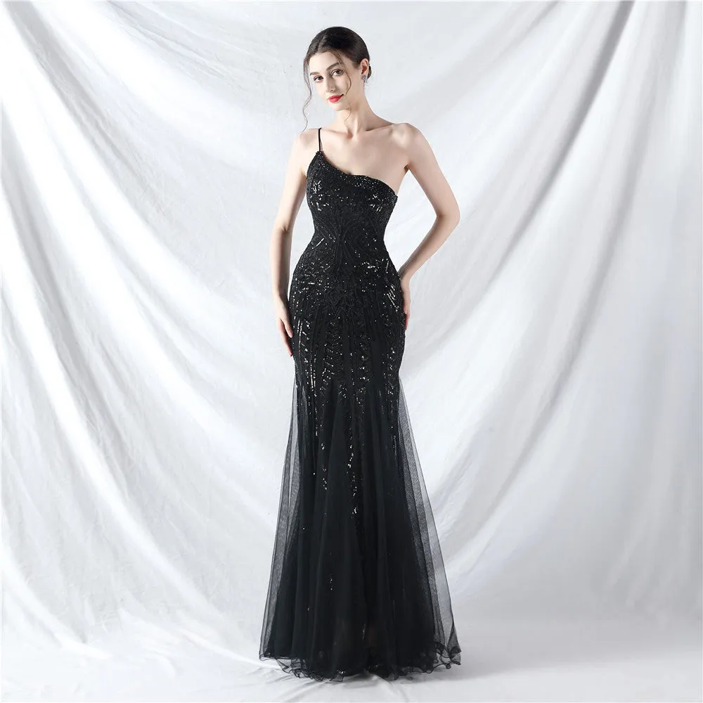 Glamorous One-Shoulder Sequin Embellished Tulle Evening Gown