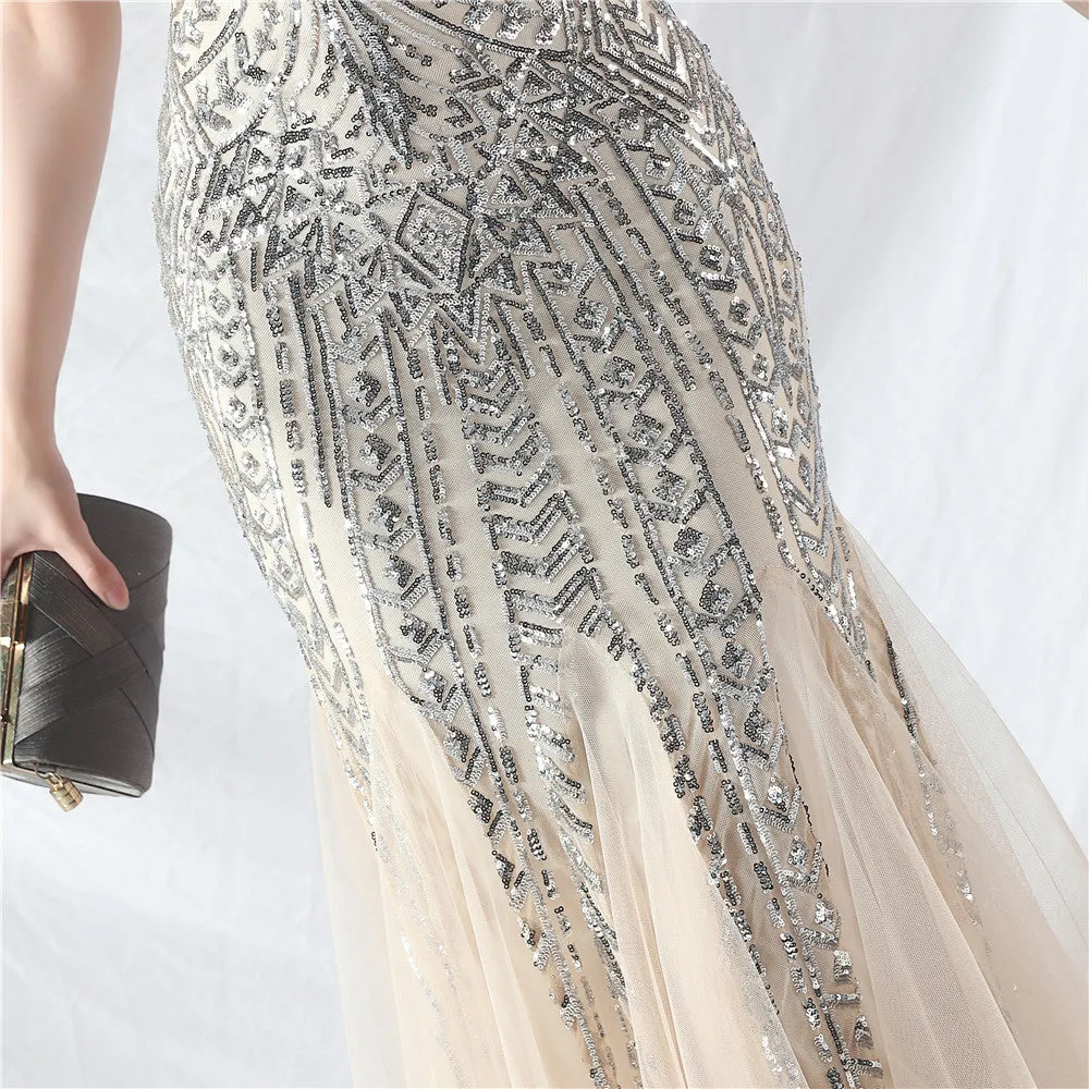 Glamorous One-Shoulder Sequin Embellished Tulle Evening Gown