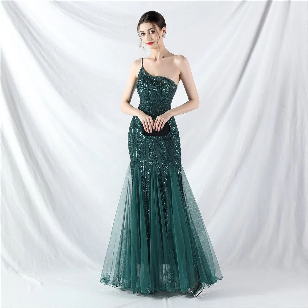 Glamorous One-Shoulder Sequin Embellished Tulle Evening Gown