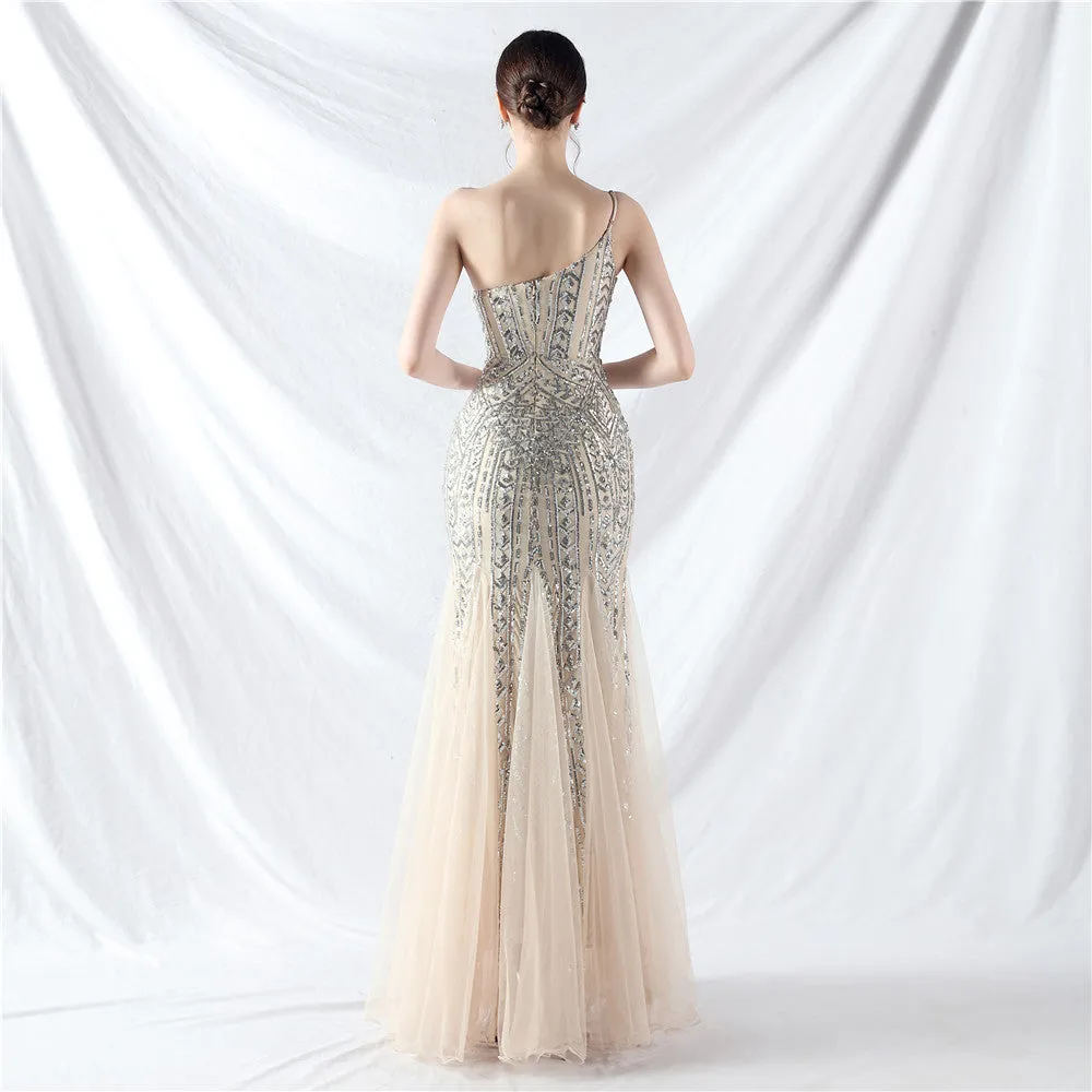 Glamorous One-Shoulder Sequin Embellished Tulle Evening Gown