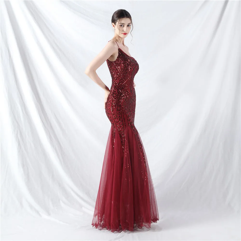 Glamorous One-Shoulder Sequin Embellished Tulle Evening Gown