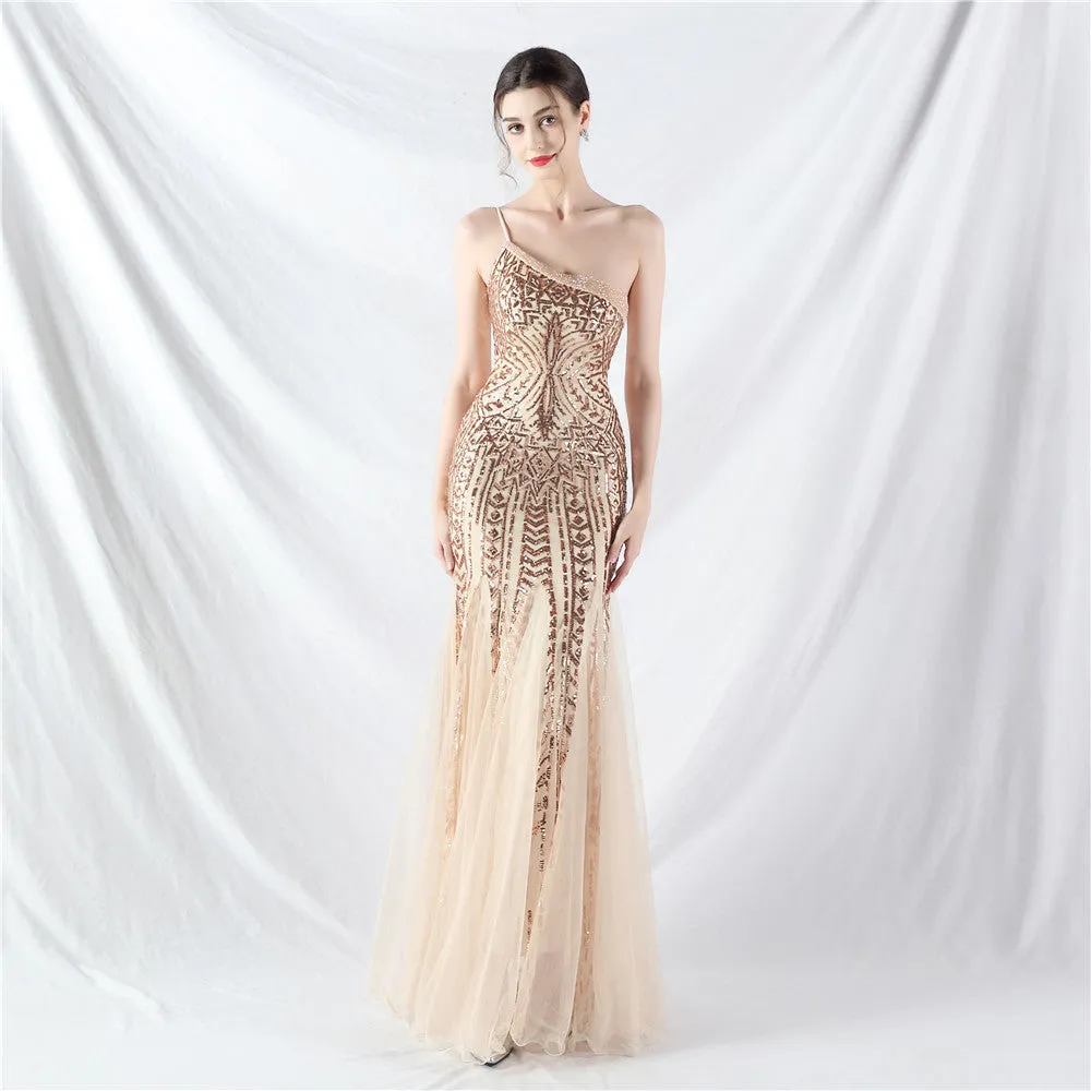 Glamorous One-Shoulder Sequin Embellished Tulle Evening Gown