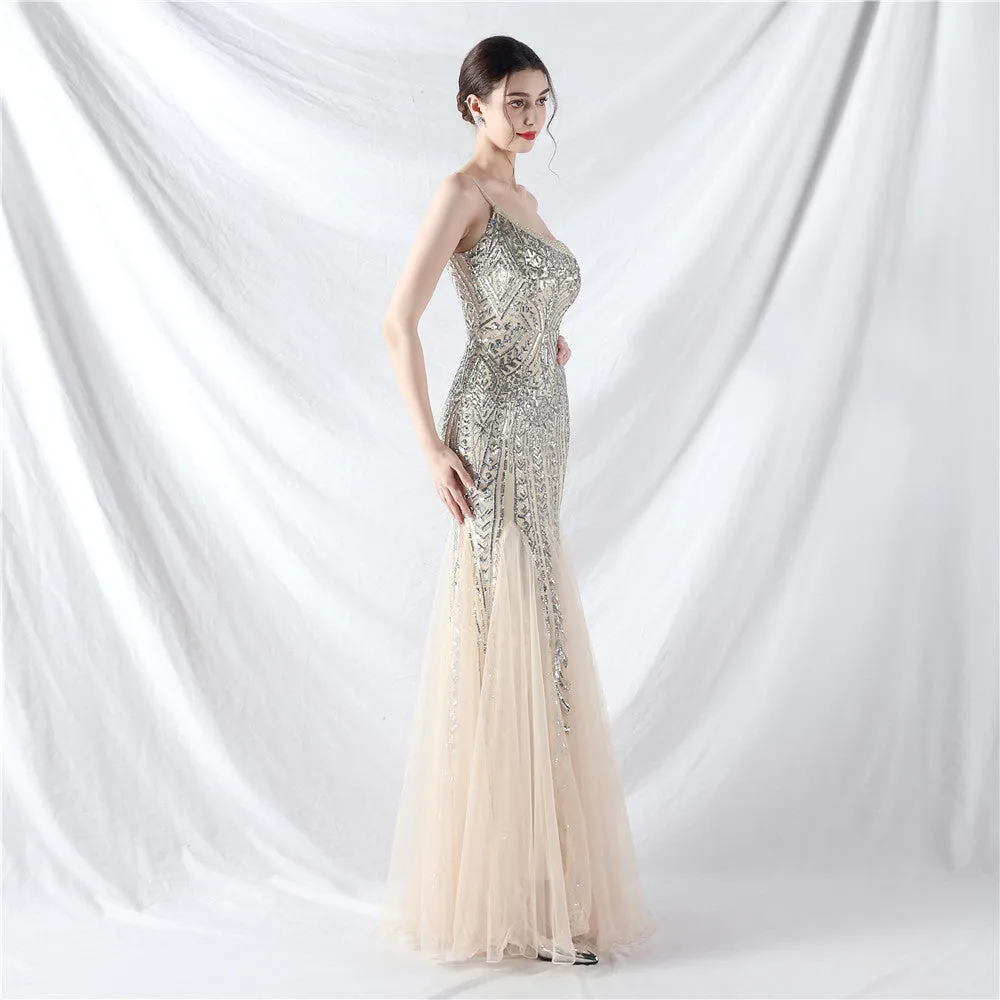 Glamorous One-Shoulder Sequin Embellished Tulle Evening Gown