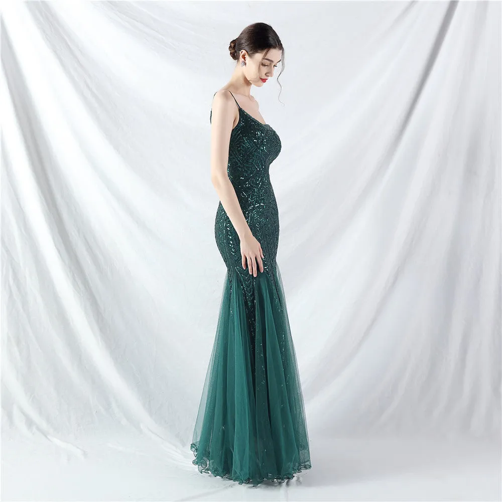 Glamorous One-Shoulder Sequin Embellished Tulle Evening Gown