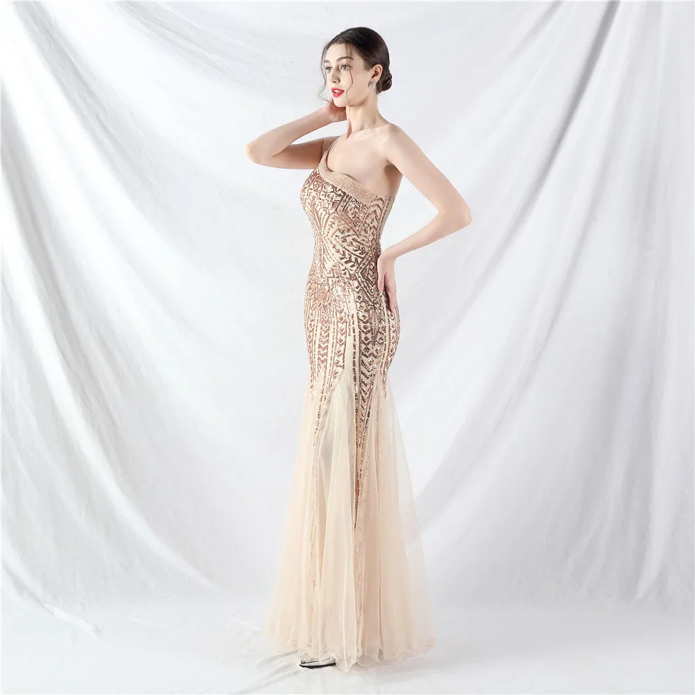 Glamorous One-Shoulder Sequin Embellished Tulle Evening Gown