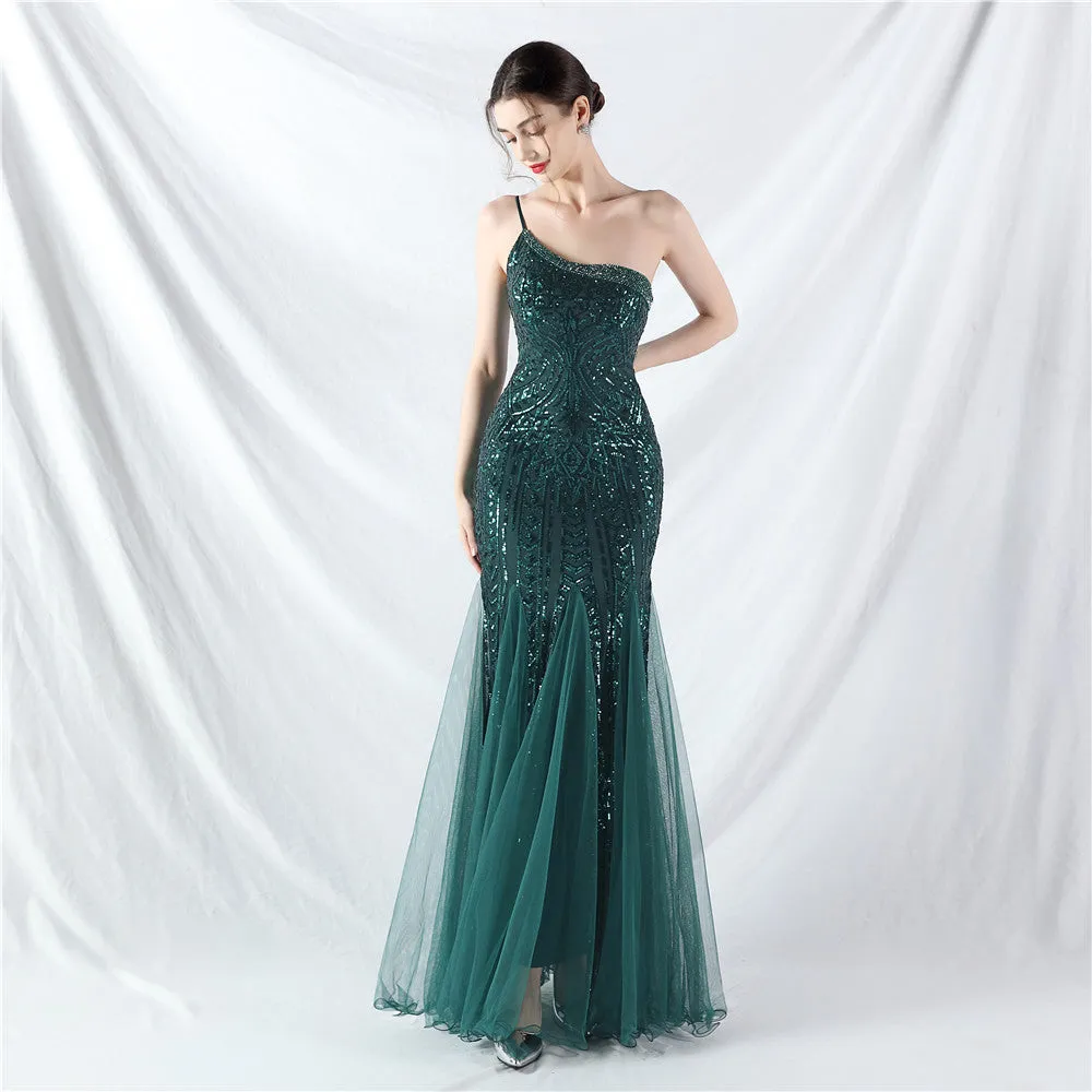 Glamorous One-Shoulder Sequin Embellished Tulle Evening Gown