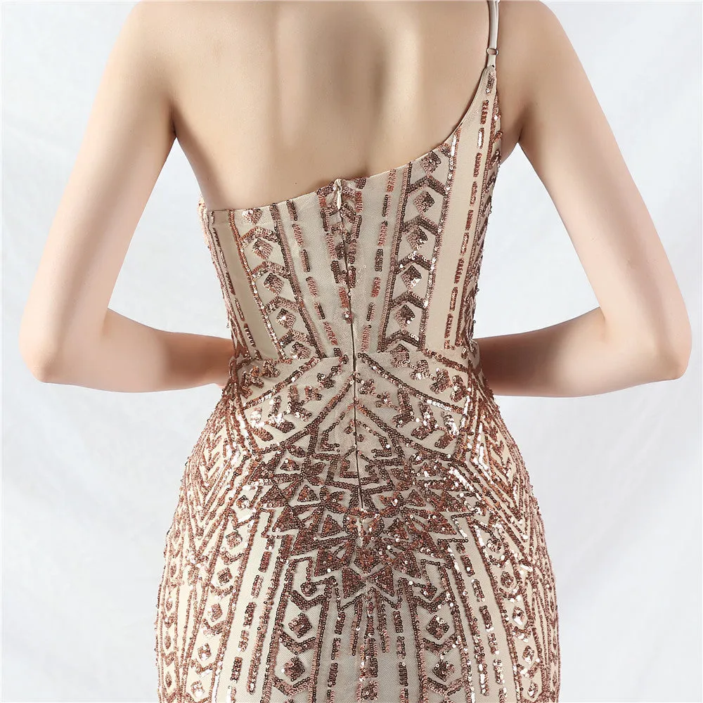 Glamorous One-Shoulder Sequin Embellished Tulle Evening Gown