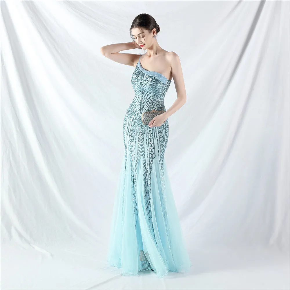 Glamorous One-Shoulder Sequin Embellished Tulle Evening Gown
