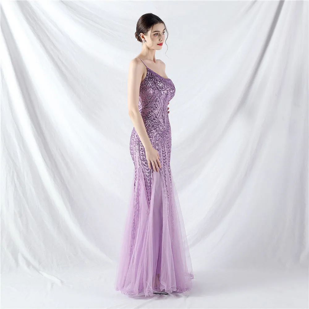 Glamorous One-Shoulder Sequin Embellished Tulle Evening Gown