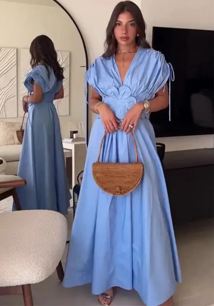 Graceful Charm V-Neck Maxi Dress with Flower Bow Elegance