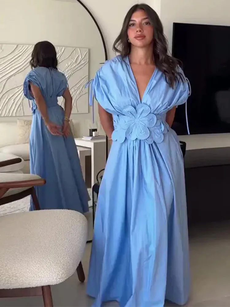 Graceful Charm V-Neck Maxi Dress with Flower Bow Elegance