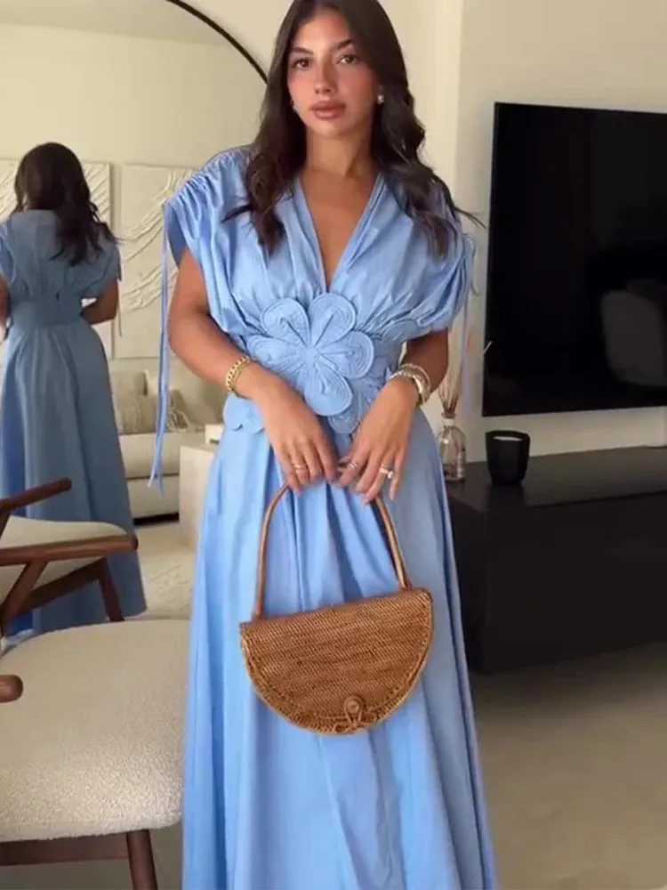 Graceful Charm V-Neck Maxi Dress with Flower Bow Elegance