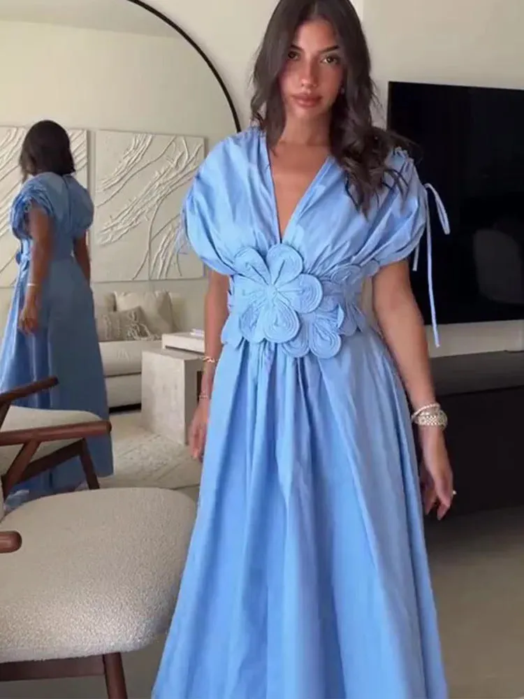 Graceful Charm V-Neck Maxi Dress with Flower Bow Elegance