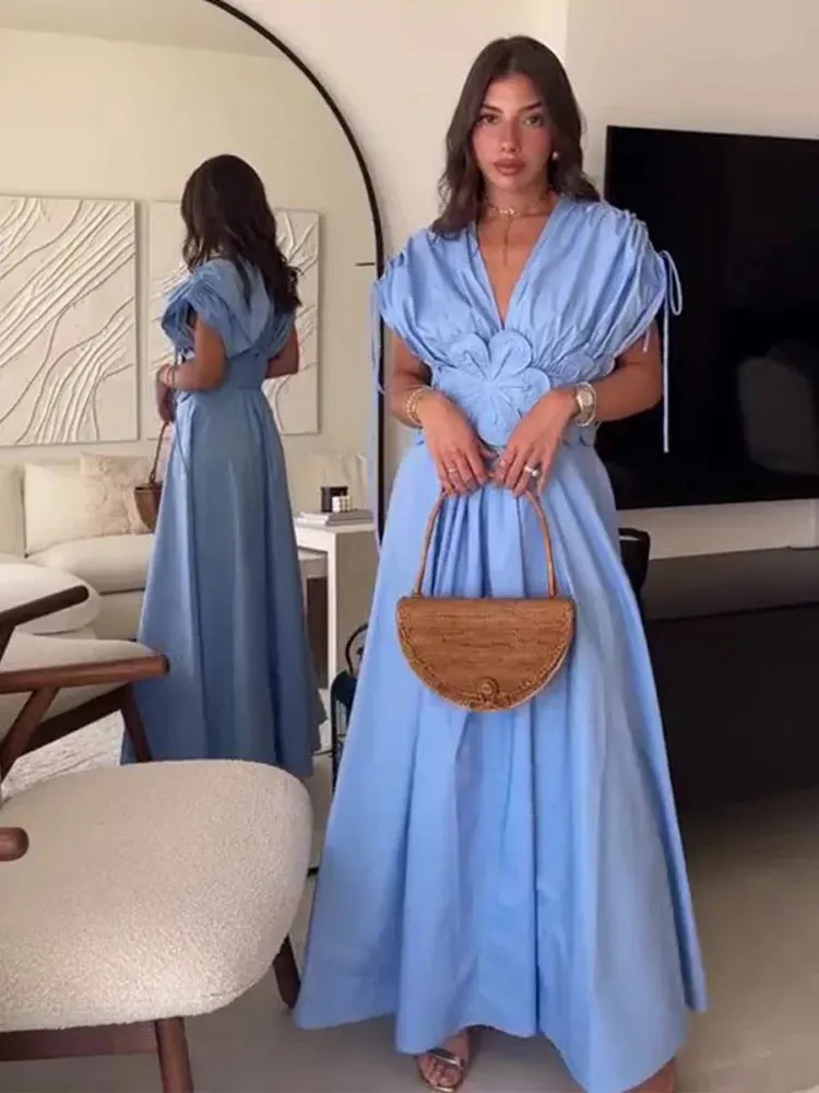 Graceful Charm V-Neck Maxi Dress with Flower Bow Elegance