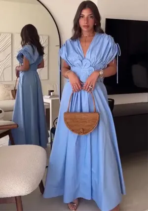 Graceful Charm V-Neck Maxi Dress with Flower Bow Elegance