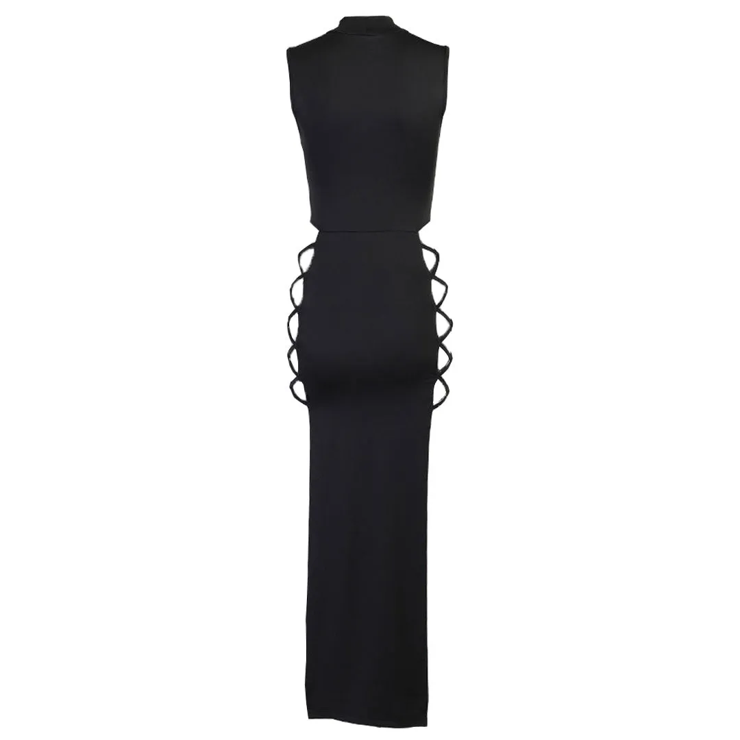 High Neck Sleeveless High Slit  Cut Out Maxi Dress - Black