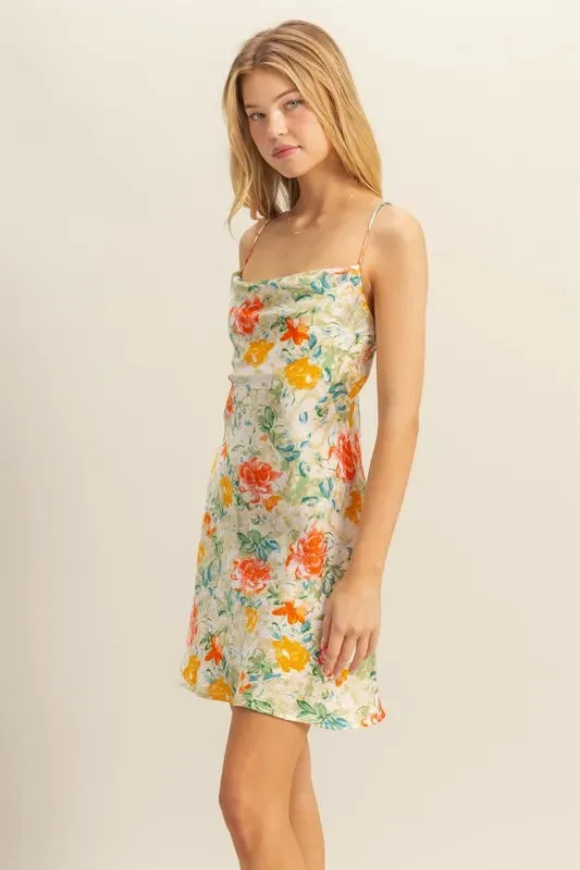 HYFVE Floral Cowl Neck Flirty Satin Mini Dress
