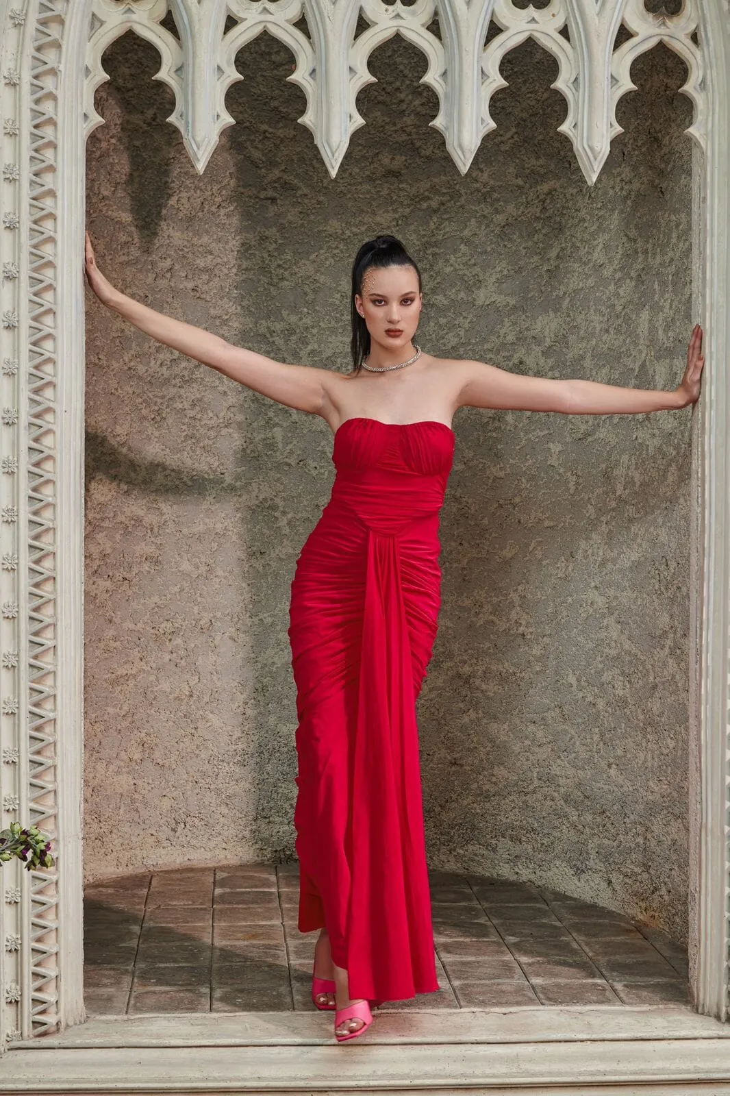 Infinite promises - red drape maxi dress