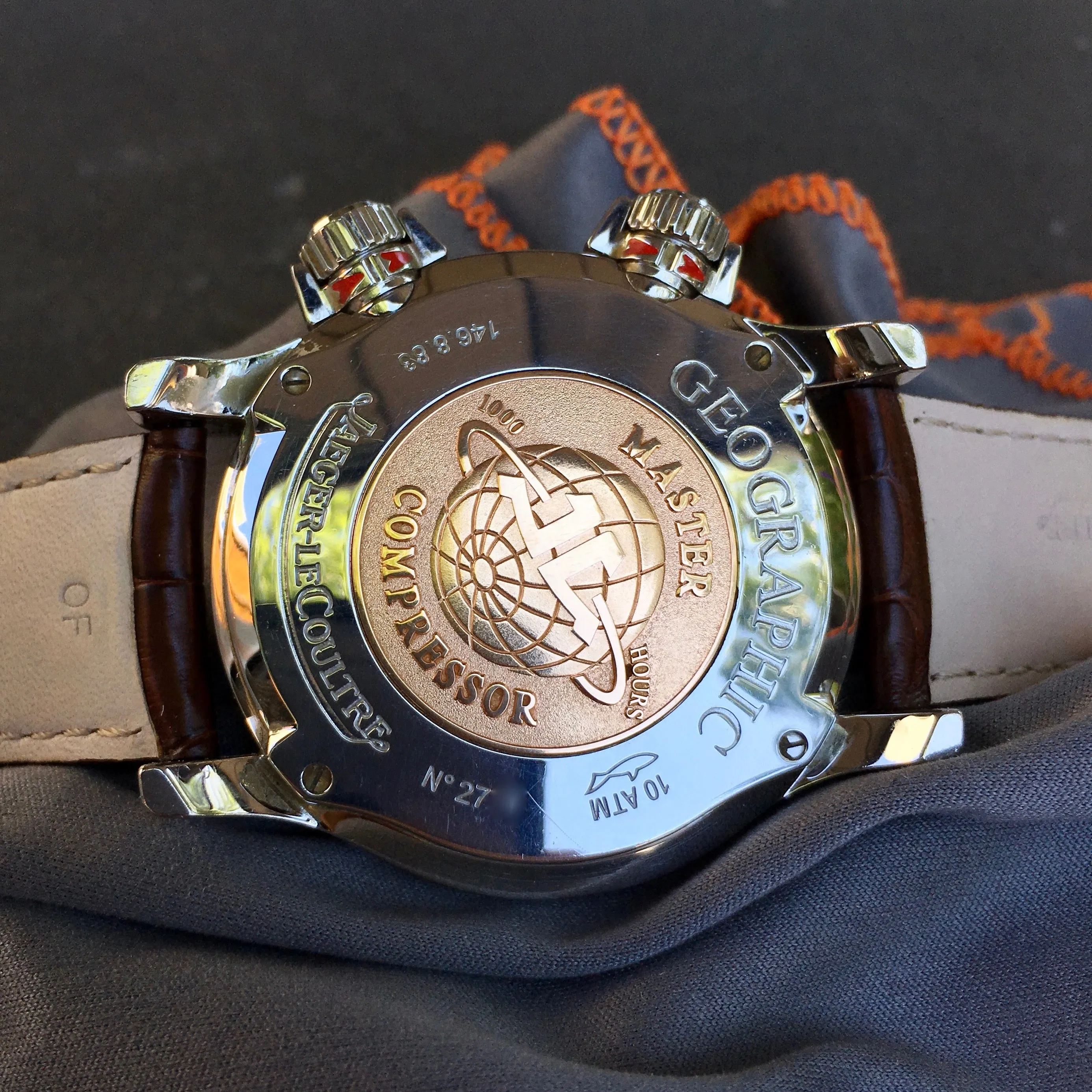 Jaeger LeCoultre Master Compressor Geographic 146.8.83 GMT Steel Leather Automatic Wristwatch