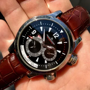 Jaeger LeCoultre Master Compressor Geographic 146.8.83 GMT Steel Leather Automatic Wristwatch