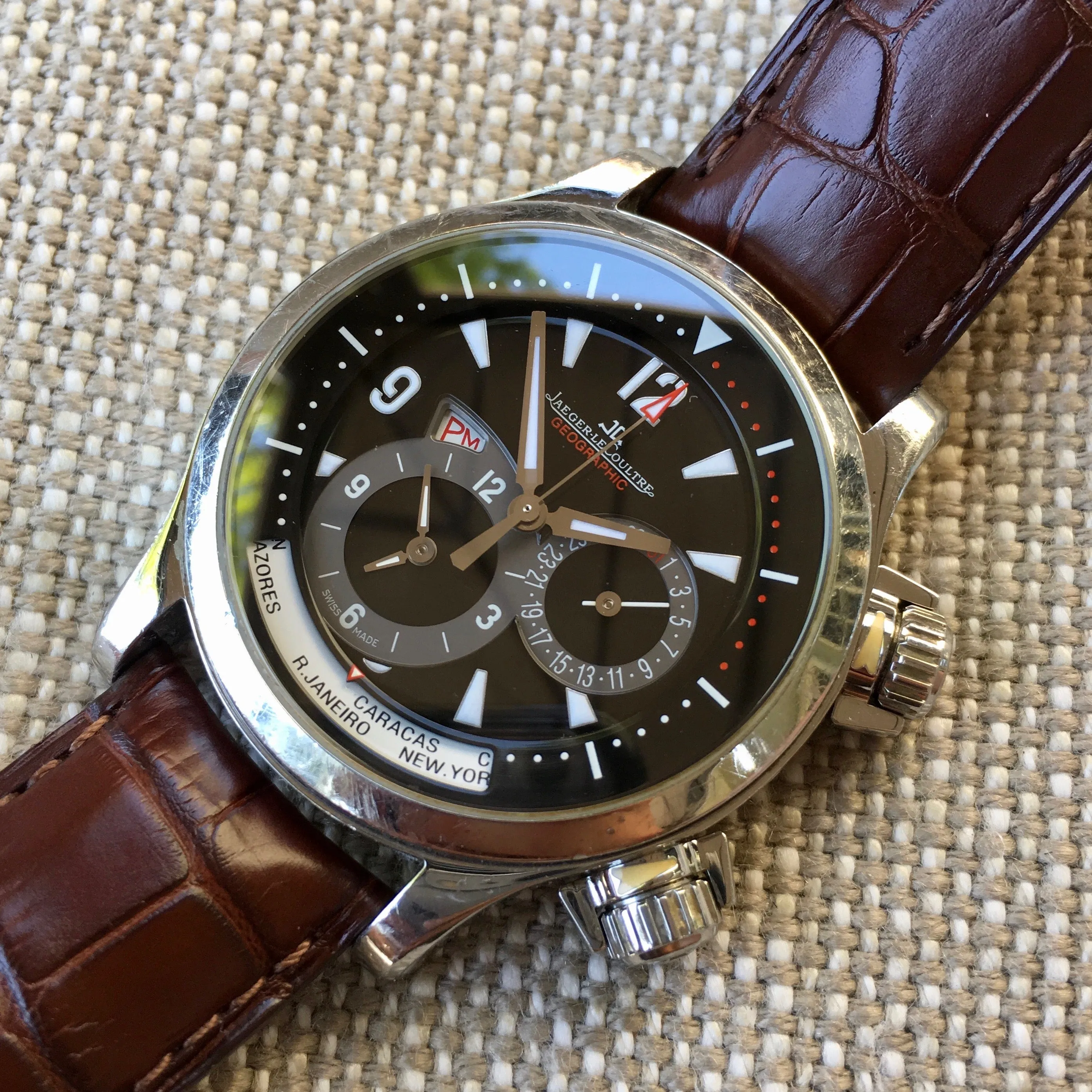 Jaeger LeCoultre Master Compressor Geographic 146.8.83 GMT Steel Leather Automatic Wristwatch