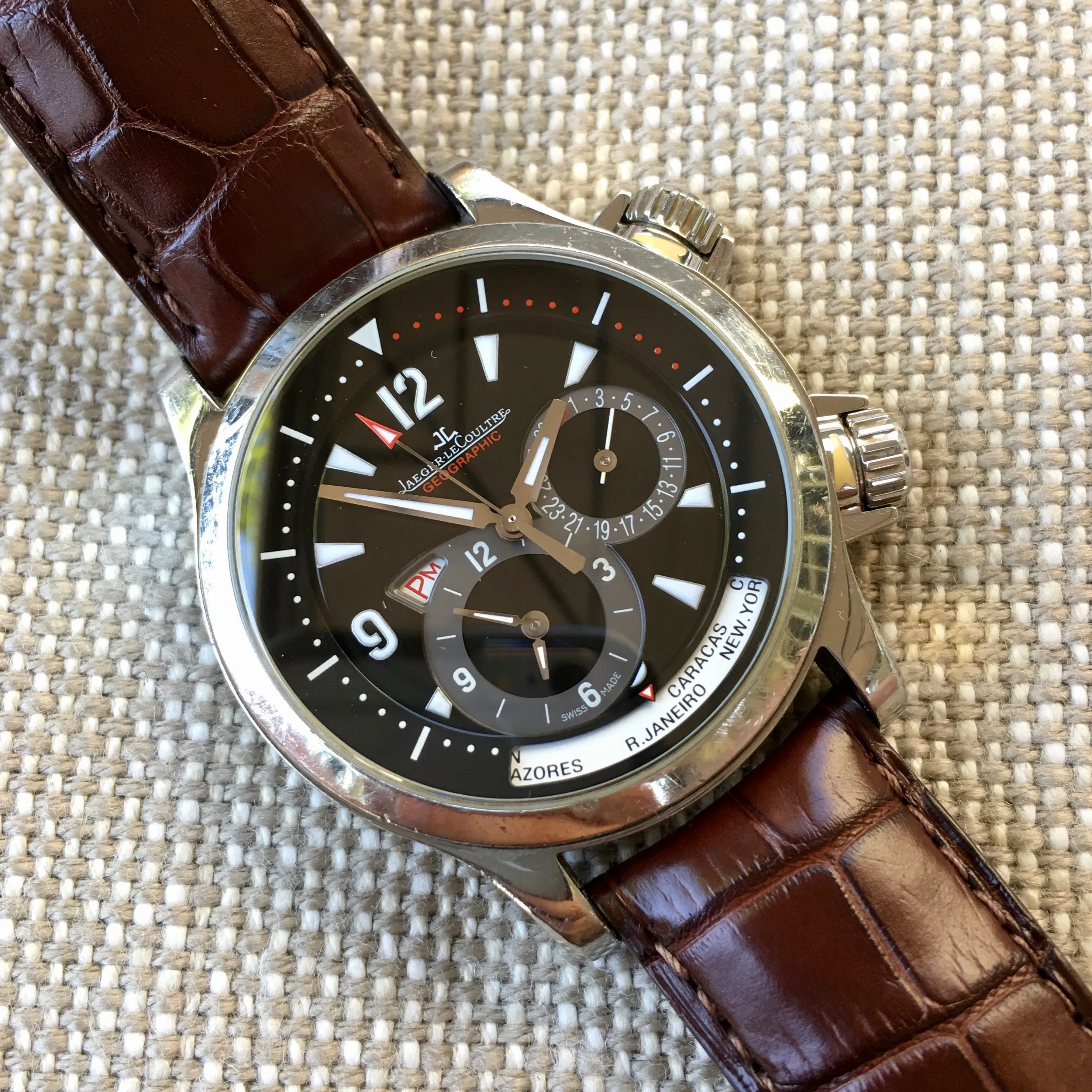 Jaeger LeCoultre Master Compressor Geographic 146.8.83 GMT Steel Leather Automatic Wristwatch