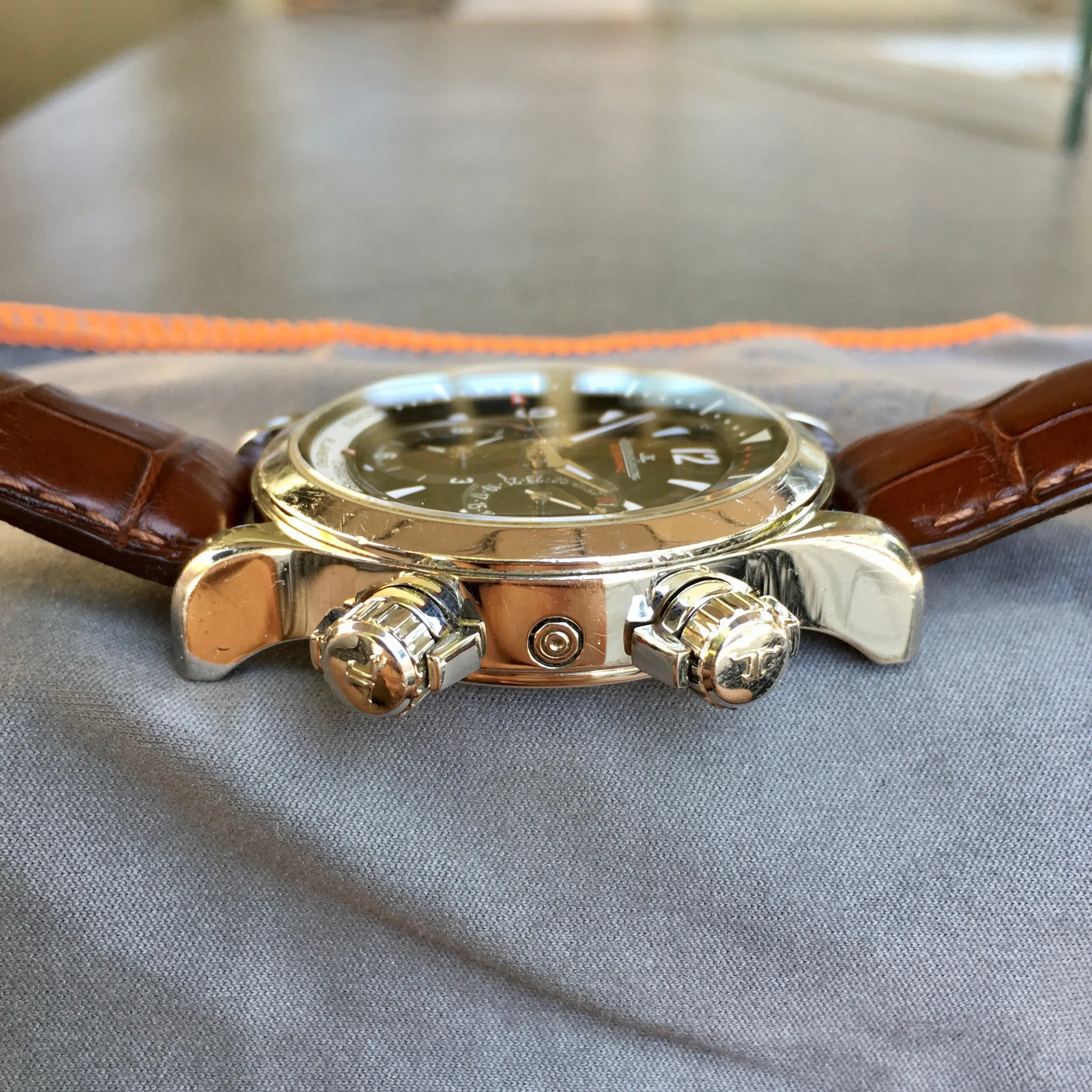Jaeger LeCoultre Master Compressor Geographic 146.8.83 GMT Steel Leather Automatic Wristwatch