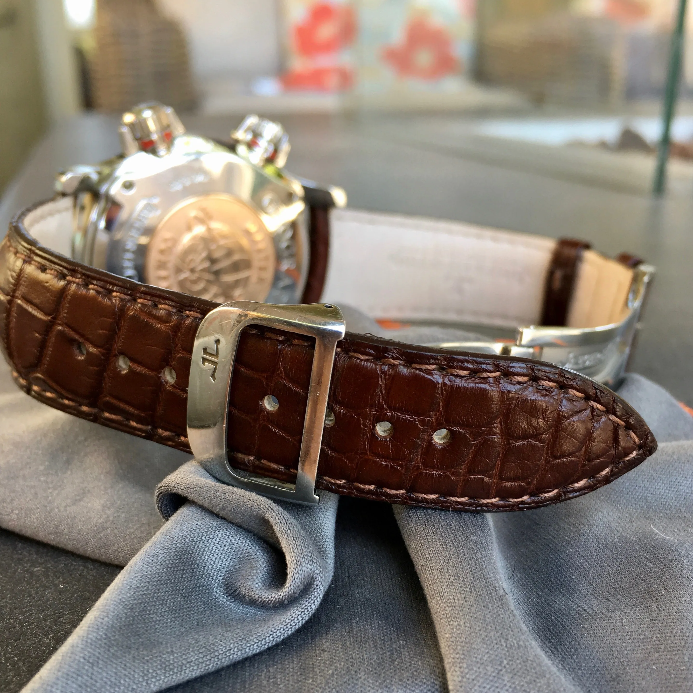 Jaeger LeCoultre Master Compressor Geographic 146.8.83 GMT Steel Leather Automatic Wristwatch
