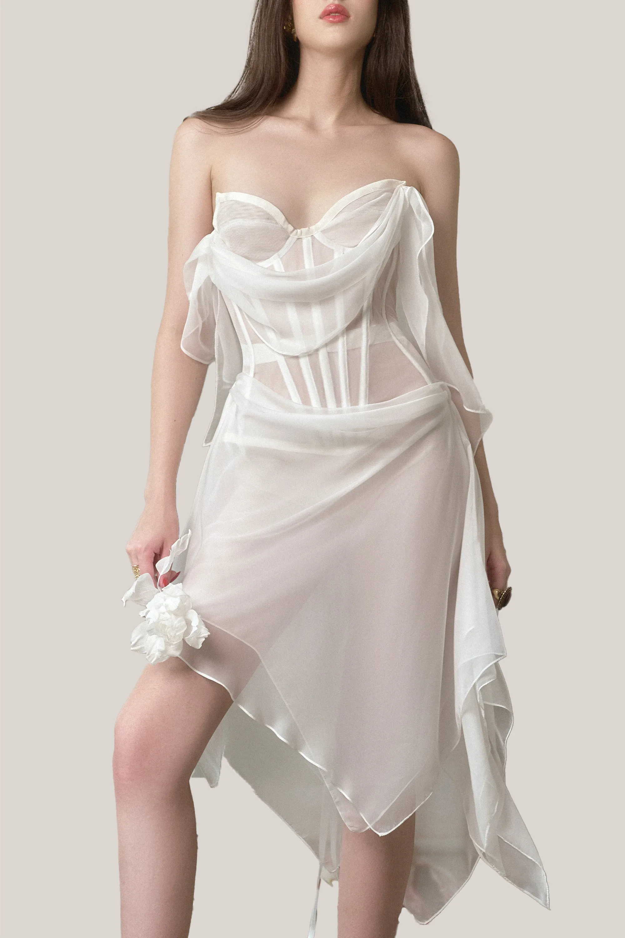 LA VIERGE • White Bianca Chiffon Draped Midi Dress