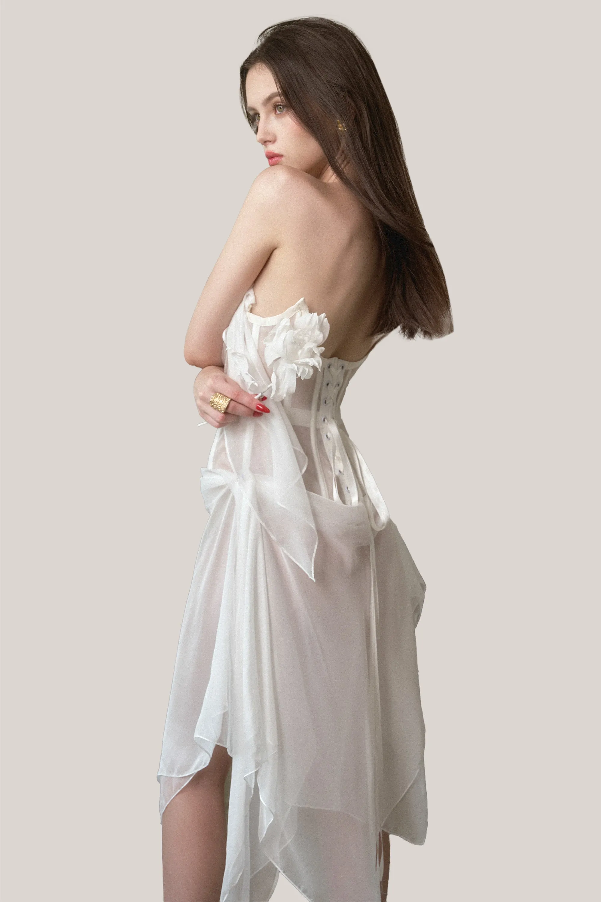 LA VIERGE • White Bianca Chiffon Draped Midi Dress