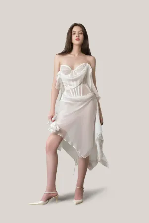 LA VIERGE • White Bianca Chiffon Draped Midi Dress
